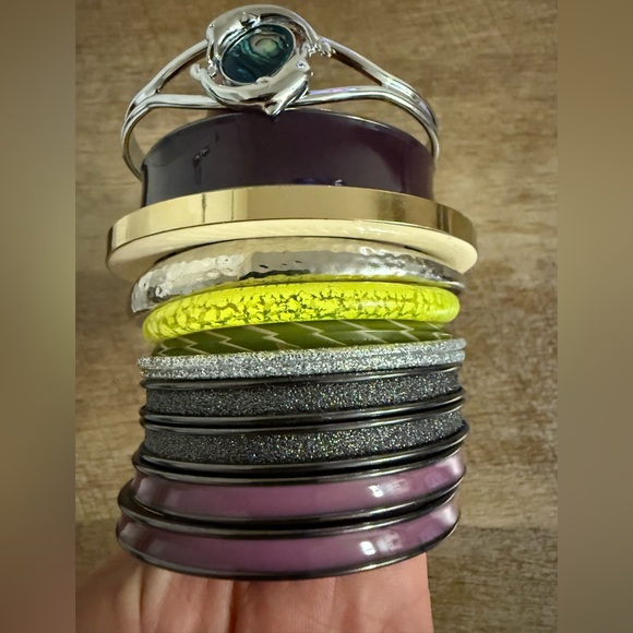 Set of 12 Mixed Metal and Neon Yellow Bangles - Picture 6 of 6